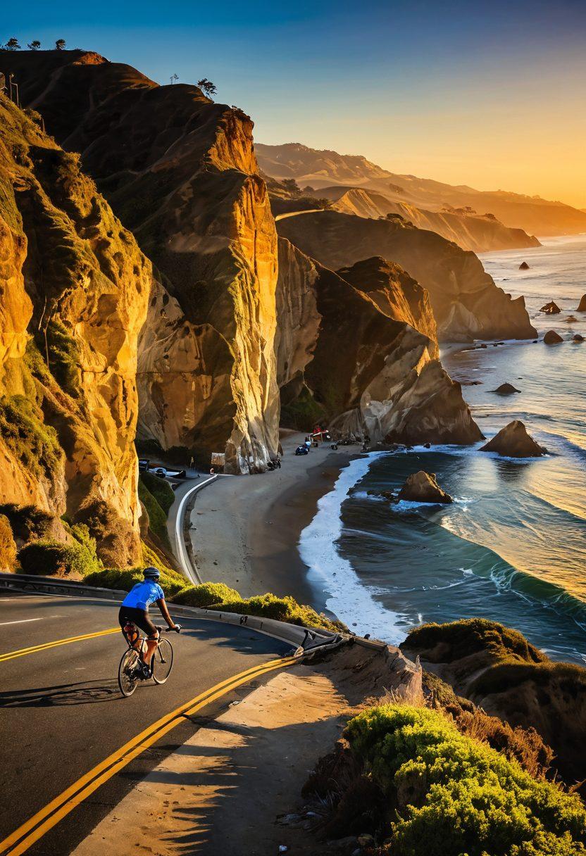 A vibrant scene of a cyclist riding along the iconic Pacific Coast Highway, with stunning cliffs and the ocean in the background. Include diverse landscapes, cyclists of various backgrounds, and colorful bike culture elements like graffiti on bike lanes. Highlight the golden California sun setting in the distance. Capture the essence of adventure and freedom associated with cycling. super-realistic. vibrant colors. dynamic composition.