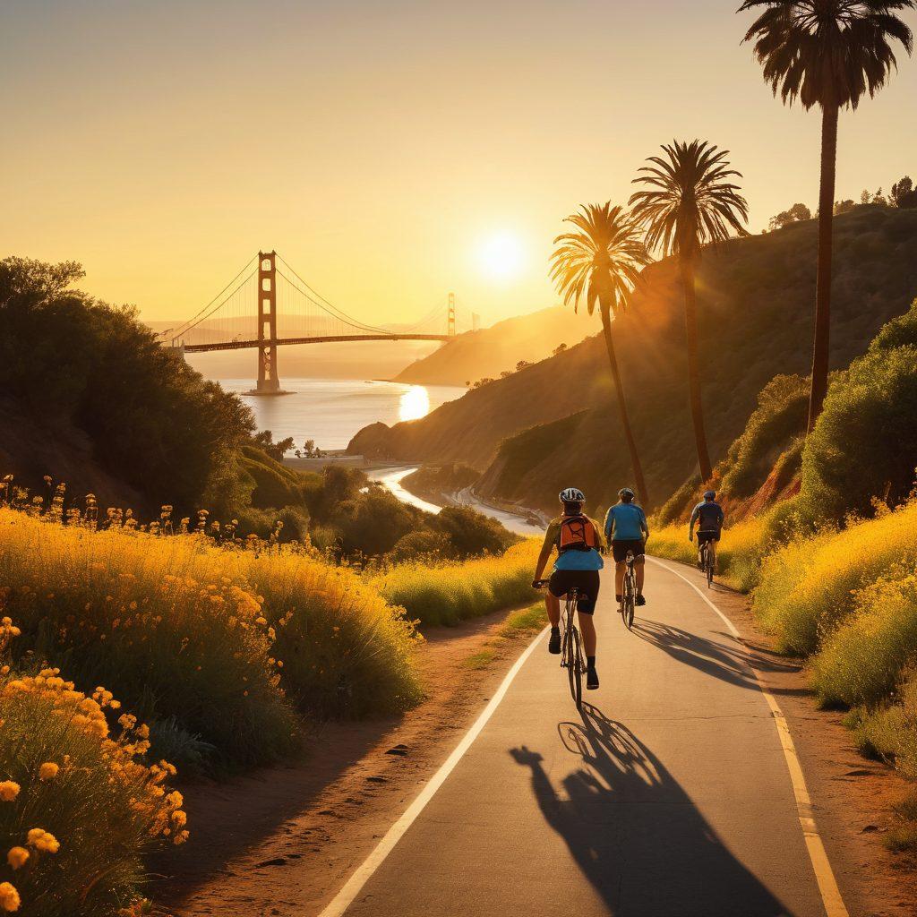 A scenic California landscape showcasing diverse bike trails winding through vibrant yellow wildflowers and iconic palm trees, with cyclists of various backgrounds enjoying the ride. Include elements like the Golden Gate Bridge in the background and the sun setting, casting a warm golden hue over the scene. Capture the energy and camaraderie of biking culture. super-realistic. vibrant colors.