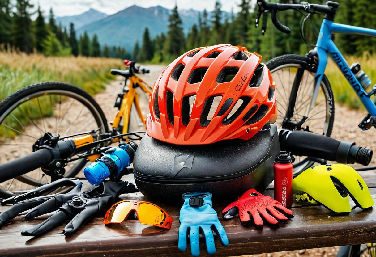 A vibrant display of essential bike accessories, including a high-tech bike helmet, colorful cycling gloves, a multi-tool, a water bottle, and a bright rear light, all arranged artistically around a sleek racing bicycle. The background features a scenic outdoor cycling trail, emphasizing adventure and fitness. super-realistic. vibrant colors. 3D.